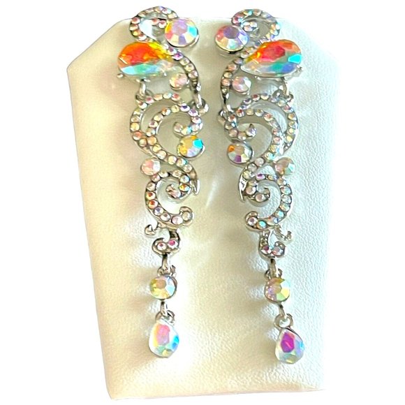 Rhinestone Dangle Earrings Silver AB Crystal Drop Earrings Prom Dress Earrings - Picture 1 of 12